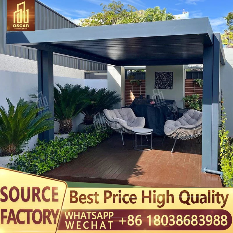 Sistema de toldo de techo de pérgola de vidrio retráctil de aluminio con apertura motorizada y cubierta eléctrica ajustable para terraza. Techo de pérgola para exteriores.