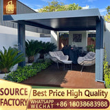 Sistema de toldo de techo de pérgola de vidrio retráctil de aluminio con apertura motorizada y cubierta eléctrica ajustable para terraza. Techo de pérgola para exteriores.