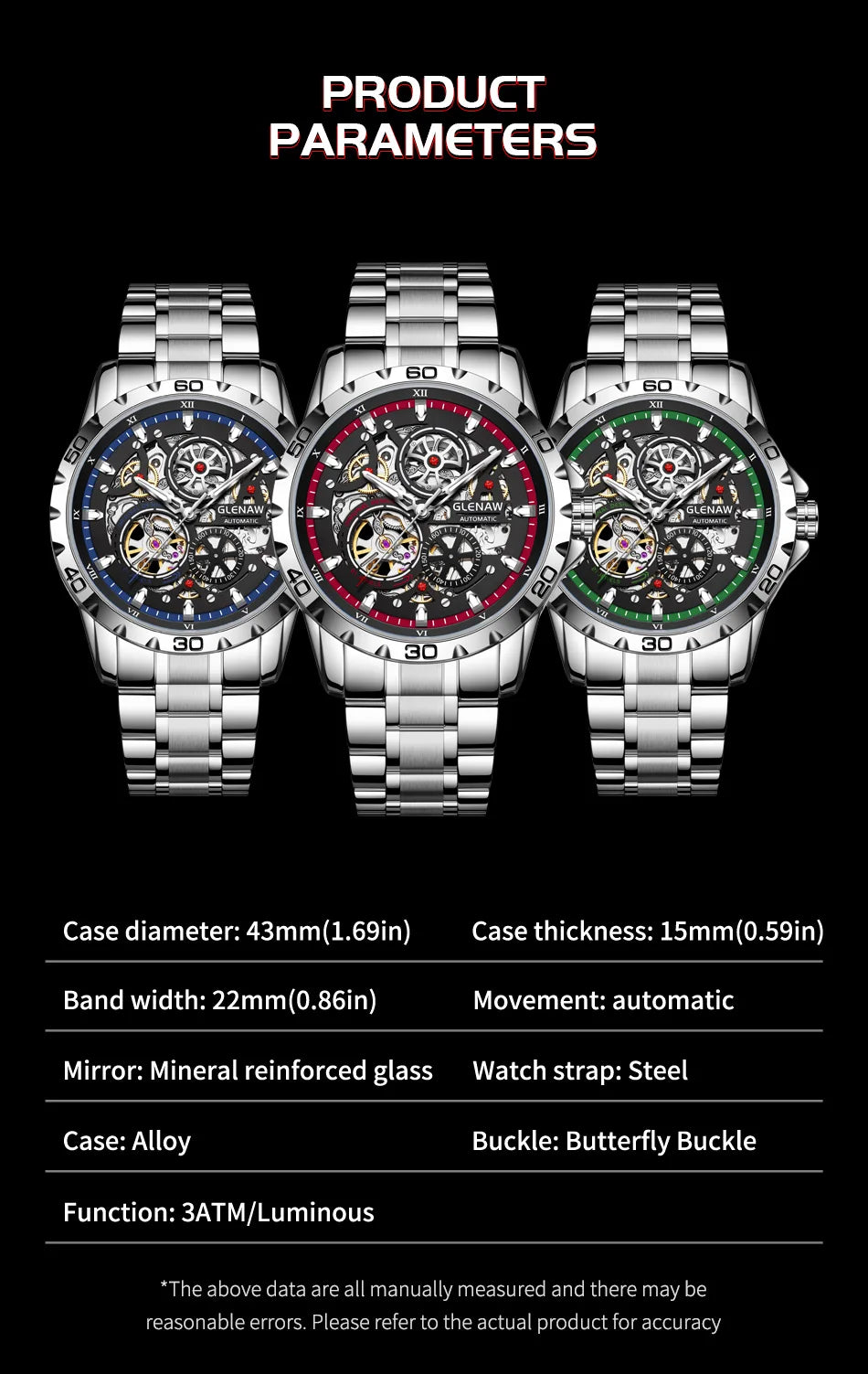 GLENAW Steampunk Skeleton - Reloj para hombre, anillo, relojes mecánicos automáticos de lujo, luminosos, resistentes al agua, correa de acero inoxidable