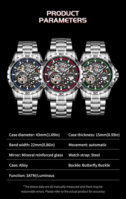 GLENAW Steampunk Skeleton - Reloj para hombre, anillo, relojes mecánicos automáticos de lujo, luminosos, resistentes al agua, correa de acero inoxidable