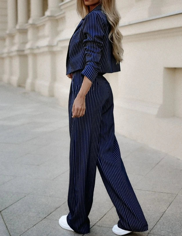 Two Piece Set Women Outfit 2023 Autumn Fashion Striped Notched Collar Long Sleeve Blazer Coat & Elegant Straight Leg Pants Set