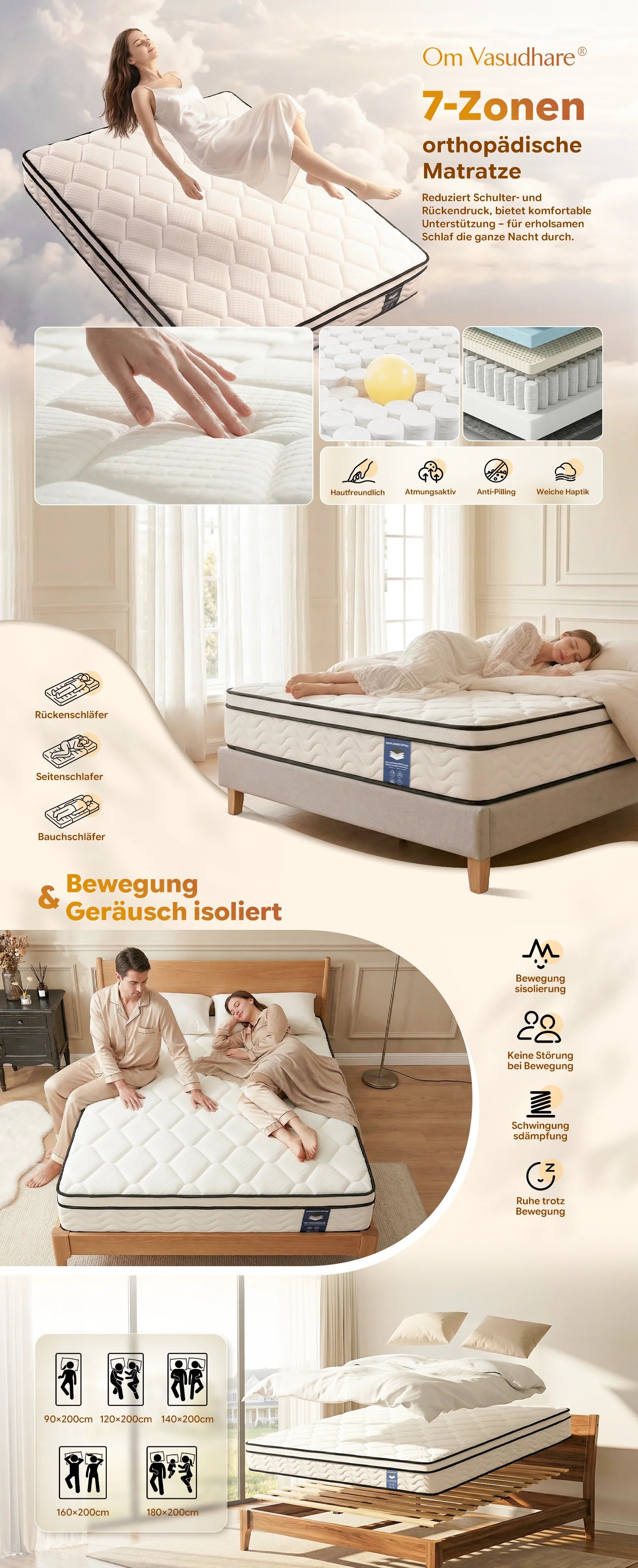 CD01 Mattress, 7 zones, H3 Hardness with Breathable 3D Fabric, Adaptive Foam, and Double-sided Design for Year-round Comfort,
