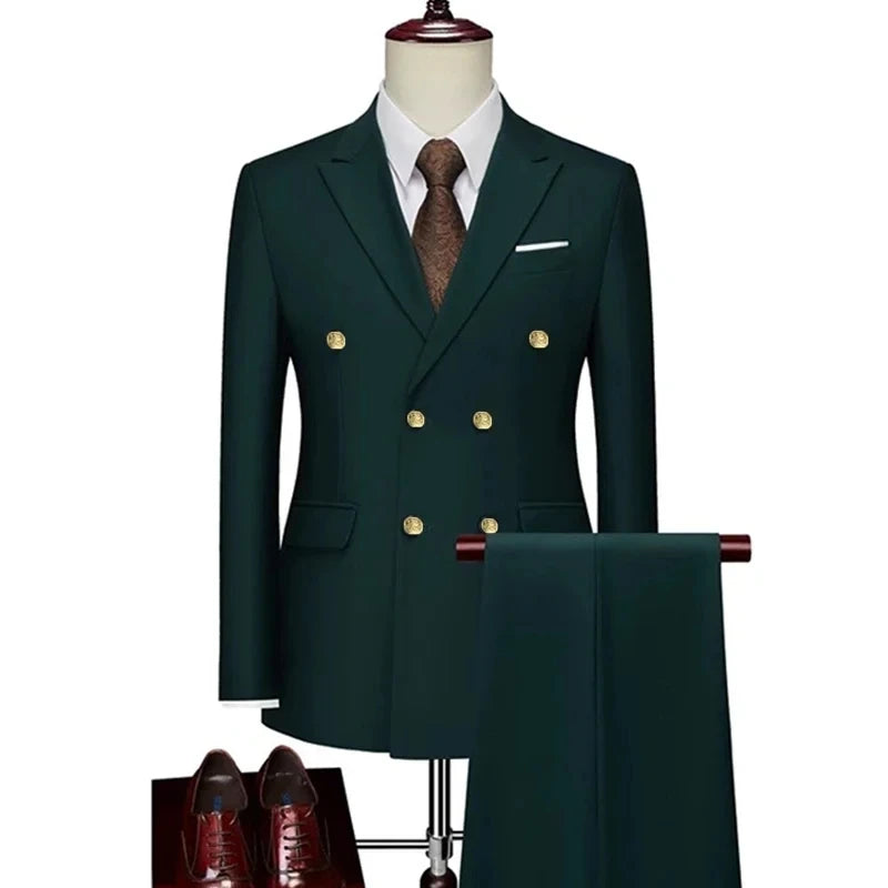 2023 Fashion New Men's Casual Boutique Double-Breasted Solid Color Suit 2 Piece Set Dress Blazers Jacket Pants Trousers Two Pcs