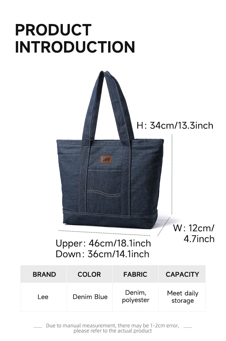 LEE Unisex Utility Canvas Leather Zipper Tote Bag Casual Denim Daily Shopping Handbag Women Men Durable Student School Book Bag