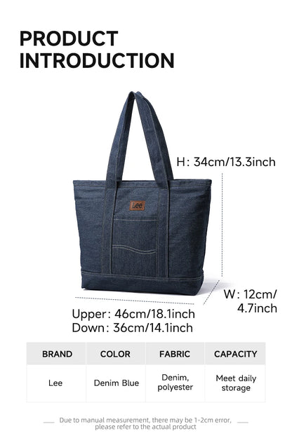 LEE Unisex Utility Canvas Leather Zipper Tote Bag Casual Denim Daily Shopping Handbag Women Man Durable Student School Book Bag