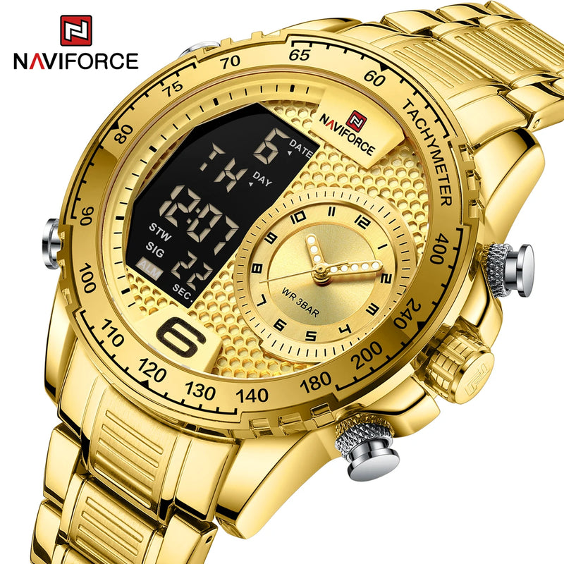NAVIFORCE Luxury Quartz Watch for Men Honeycomb Dial Design Stainless Steel Wristwatch Dual Display Digital Watches Male Clock