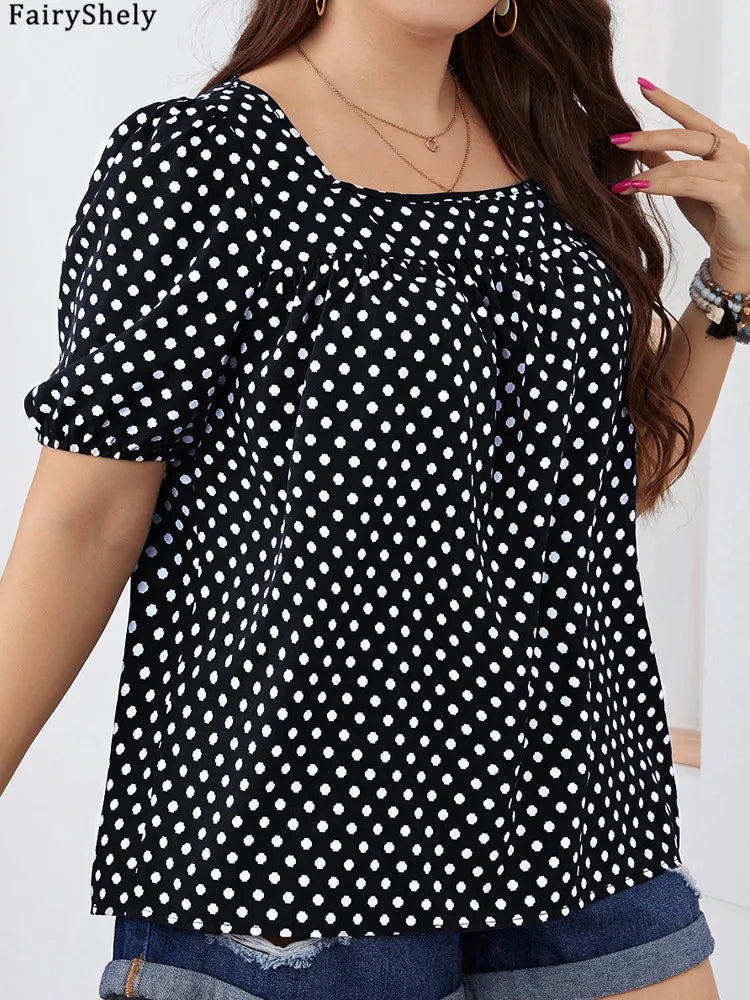 Fairyshely 2025 Summer Casual Print Plus Size Top Women Square Collar Loose Large T-shirt Lady Short Sleeve Elegant Curvy Tops