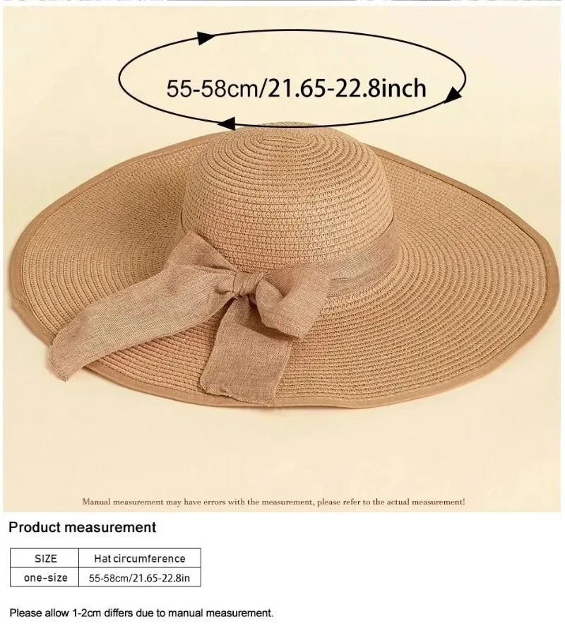1Pc Women's Seaside Bow Beach Hat Oversize Straw Hat Women's Summer Sun Block Big Brim Hat Suitable For Sun Protection