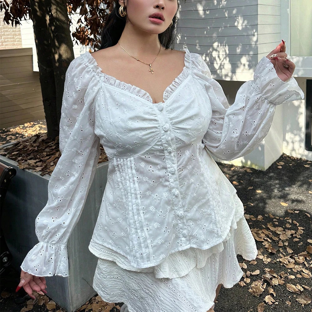 Plus size feminino cor sólida querida pescoço manga longa plissado bordado blusa elegante primavera verão novo