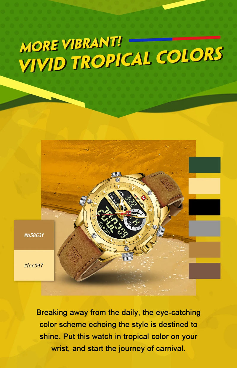 NAVIFORCE Luxury Original Watches For Men Casual Sport Chronograph Alarm Quartz WristWatch Leather Waterproof Digital Clock 9163