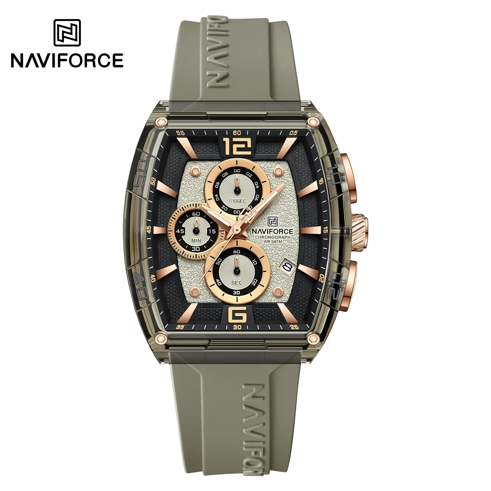 NAVIFORCE 6101 Casual Men's Quartz Watch Tonneau Dial Luminous Waterproof Silicone Strap Outdoor Sports Fashion Watches for Men