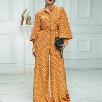 Plus Size 5XL VONDA Elegant Jumpsuist Women 2024 Autumn Polka Dot Rompers Long Lantern Sleeve Casual Long Overalls Playsuits