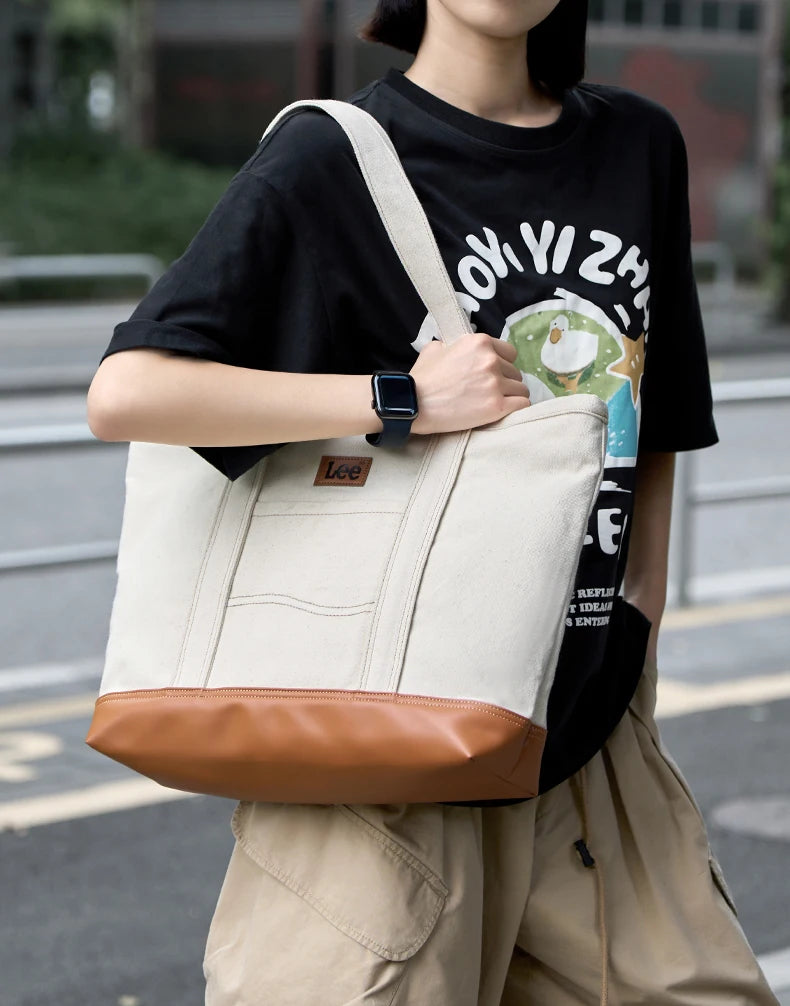 LEE Unisex Utility Canvas Leather Zipper Tote Bag Casual Denim Daily Shopping Handbag Women Men Durable Student School Book Bag