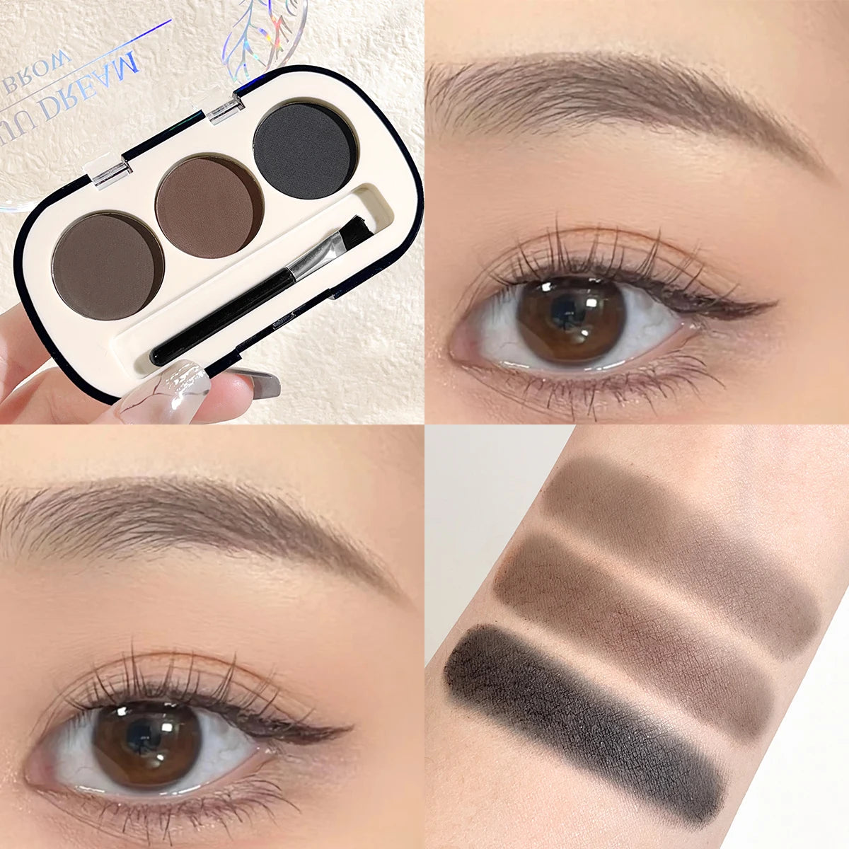 Paleta de pó de sobrancelha de 3 cores com escova de sobrancelha, pó de sobrancelha de renderização de cor natural à prova d'água e à prova de suor de longa duração