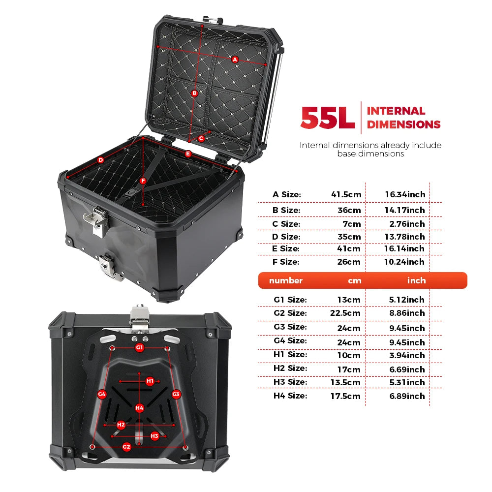KEMIMOTO 45L/55L/65L Motorcycle Aluminum Case Tail Box Trunk with backrest Universal Top Tail Rear Luggage Tool Storage Box