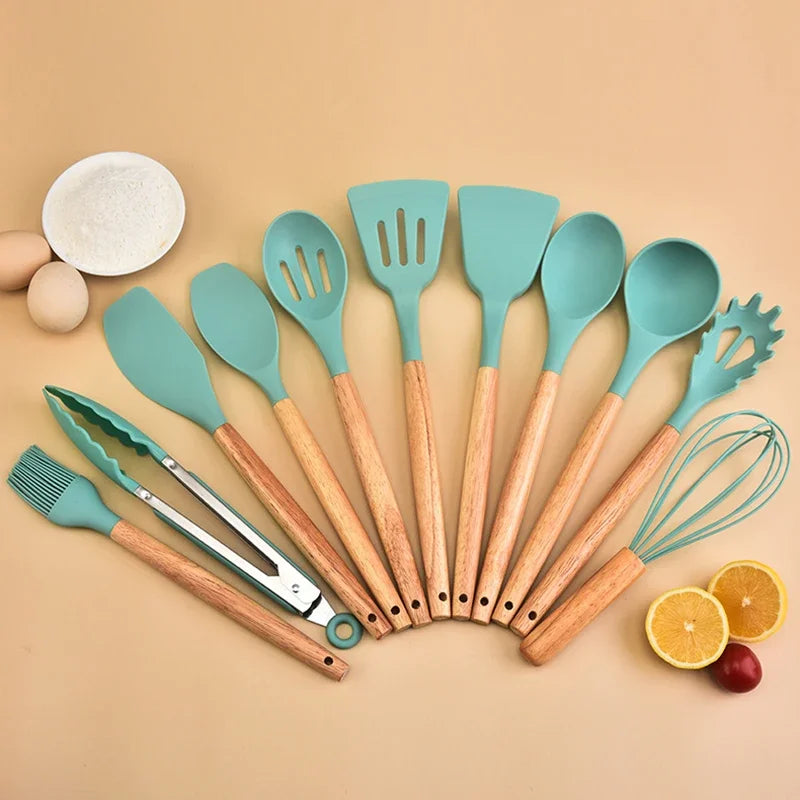 12Pcs Silicone Kitchen Utensils Cooking Wooden Handle Non Stick Pot Kitchenware Set Storage Bucket Silicone Kitchen Utensils