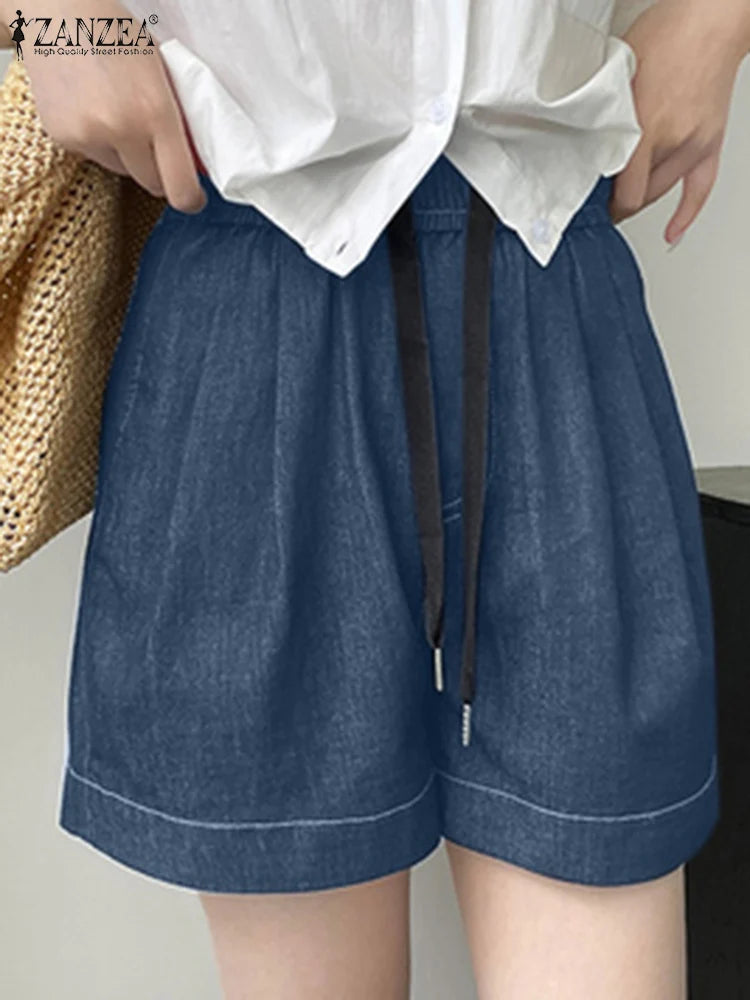 2024 Summer Denim Blue Shorts ZANZEA Women Trousers Elastic Waist Vinatge Pleated Shorts Fashion Wide Leg Pants Casual Shorts