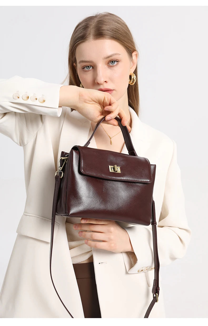 Genuine Leather Top Handle Crossbody Bag for Women Vintage Oil Wax Leather Shoulder Bag Small Luxury Designer Satchel Handbag
