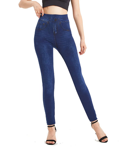 Visnxgi elástico cor sólida plus size jeggings moda jeans falsos feminino apertado sem costura bolso leggings calças lápis macias