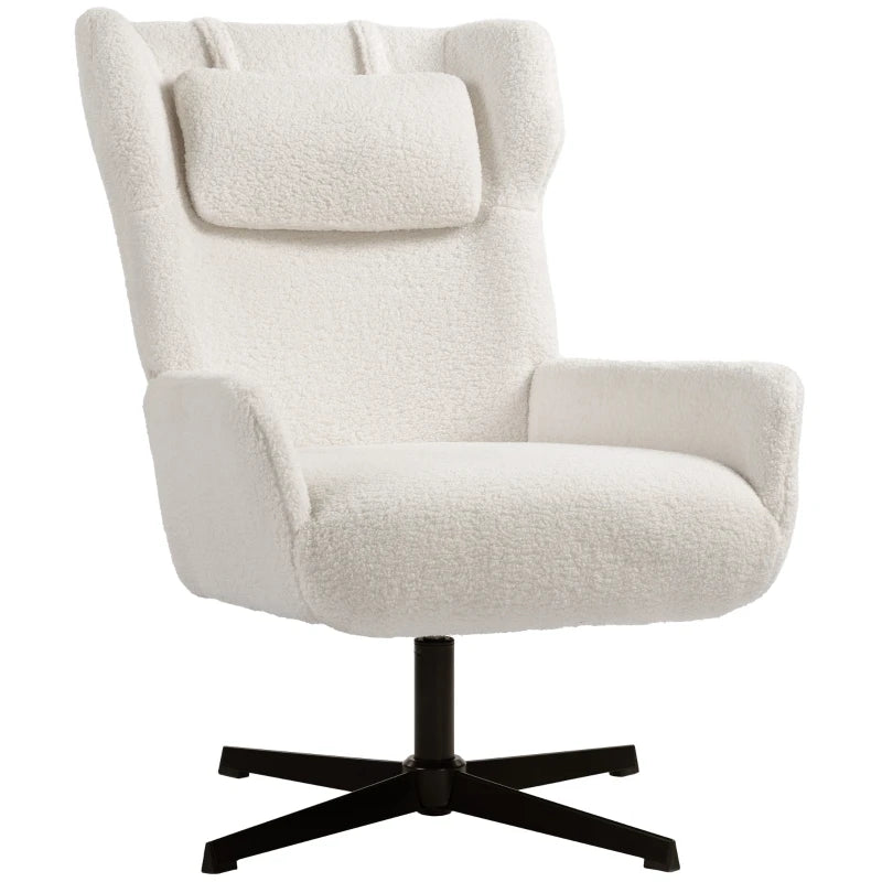 Accent chair, upholstered armchair with fleece cover, swivel base, metal frame, cream white