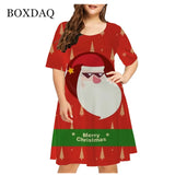 Vestido rojo holgado con estampado navideño para mujer, Navidad, muñeco de nieve, copo de nieve, alce, manga corta, talla grande, divertido, bonito, a la moda, 6XL 