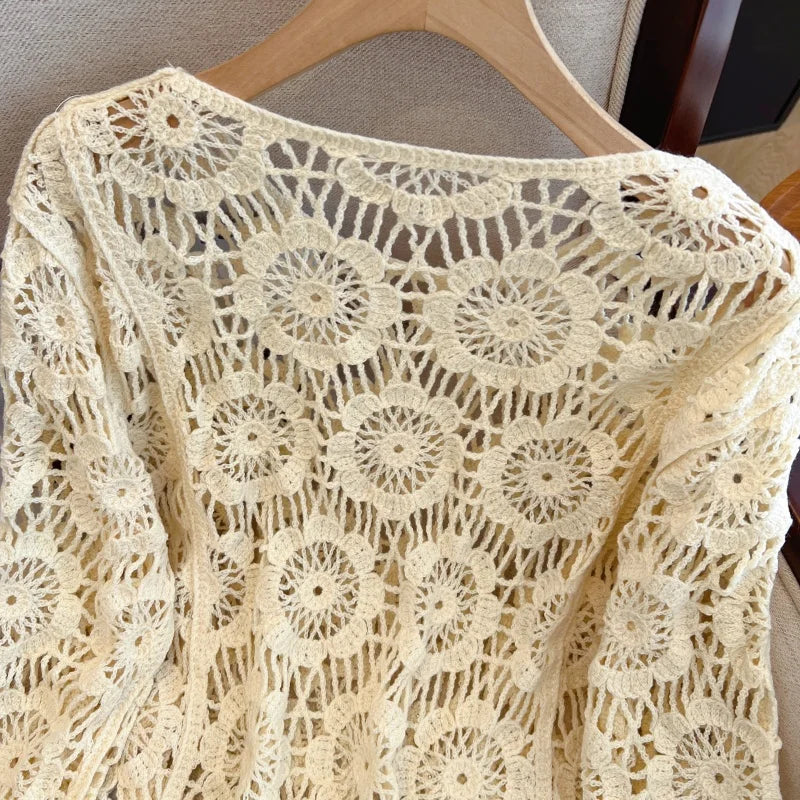 Casual Long Sleeve Elegant cardigan Beading O-neck Chic Vintage Hook Flower Hollow Out Top Plus Size Clothing