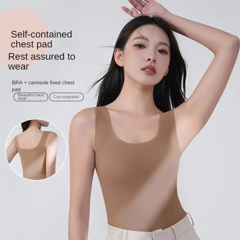 2 piezas/lote de camiseta sin mangas de seda sin costuras con almohadilla fija en el pecho para mujer, camisola sin mangas, ropa interior exterior, camisola de verano de alta elasticidad