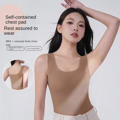 2 piezas/lote de camiseta sin mangas de seda sin costuras con almohadilla fija en el pecho para mujer, camisola sin mangas, ropa interior exterior, camisola de verano de alta elasticidad