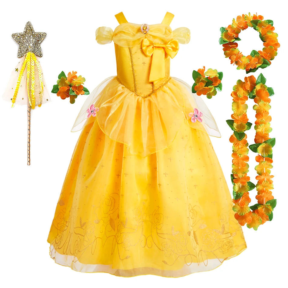 Children Princess Costume Kids Halloween Carnival Beauty Beast Birthday Party Clothes Girl Yellow Belle Cosplay Dress Up