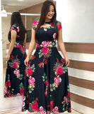 Elegant Spring Women's Casual Fashion Floral Print Short Sleeve Super Long Dress 2023 New Fashion Hollow Out Long Dresses
