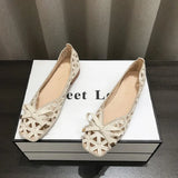 2025 New French Style Bow Flat Sandals Women Geometric Cut-Out Peep-Toe Breathable Summer Beige Shoes for Dresses