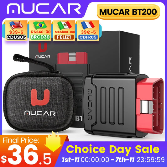 Herramienta de diagnóstico OBD2 MUCAR BT200/BT200 Pro con Bluetooth, escáner automotriz de sistema completo, sin aceite, lector de códigos de reinicio SAS 15