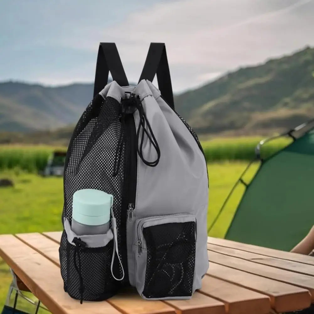 Mesh backpack, swimming drawstring bag, backpack with wet pocket, beach storage backpack, outdoor fishing bag
