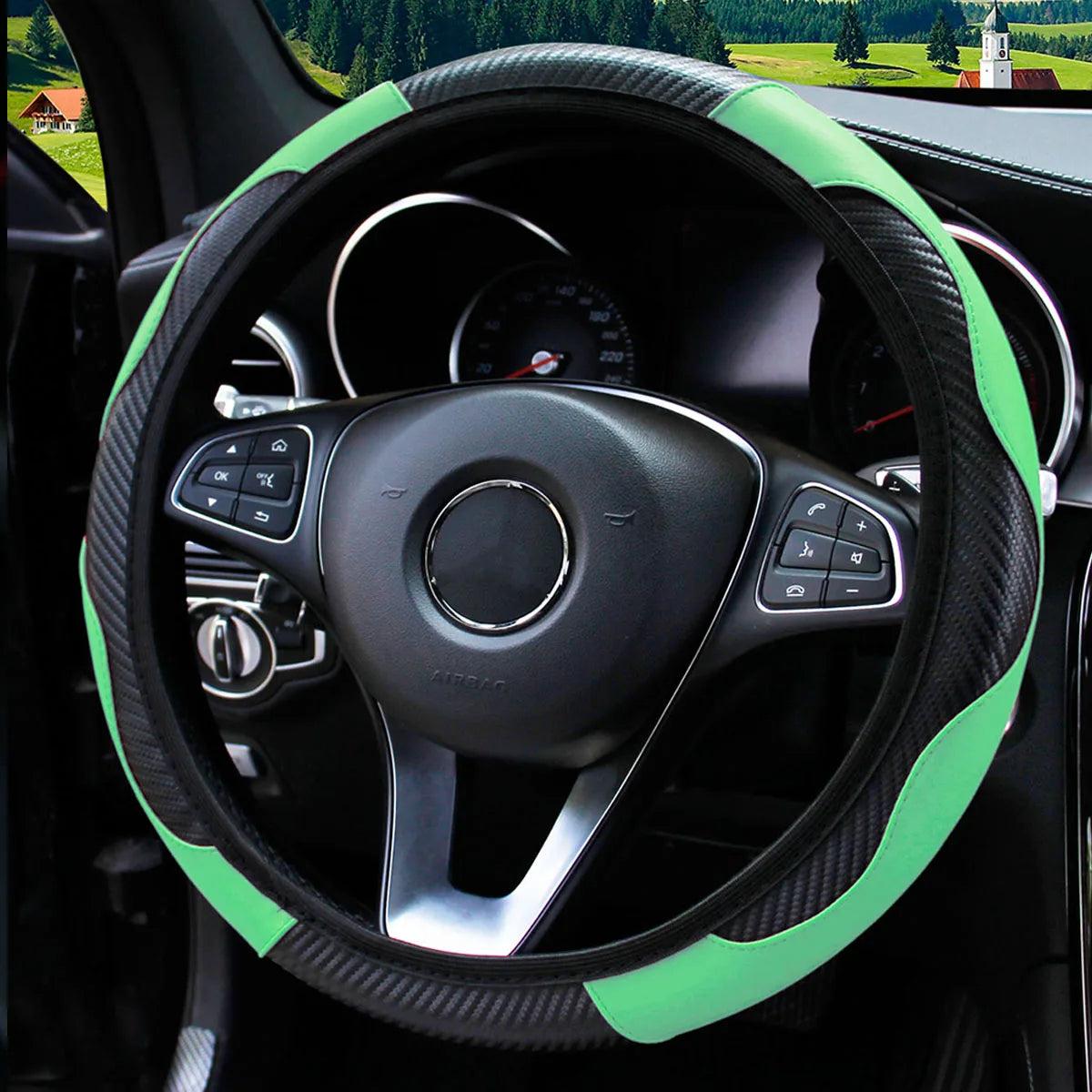 PU Carbon Fiber Leather Car Steering Wheel Cover without Inner Ring Suitable for 14.5-15 Inches Auto Supplies