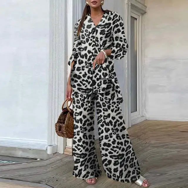 Zanzea vintage 2 pçs conjuntos de calças 2024 verão moda feminina leopardo impresso casual solto topos e calças outfits perna larga conjuntos
