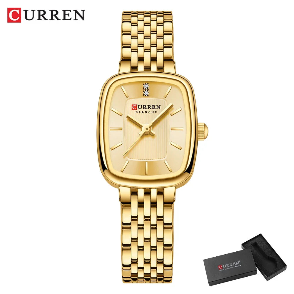 Relógio feminino quadrado dourado em aço inoxidável com calendário