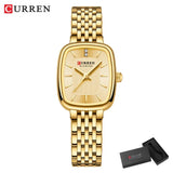 Relógio feminino quadrado dourado em aço inoxidável com calendário
