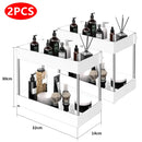 2 Tier Under Sink Organizer Sliding Cabinet Basket Organizer Storage Rack with Hooks Hanging Cup Bathroom Kitchen Organizer