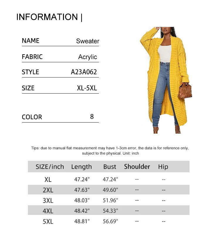 Plus Size Women's Sweater Fashion Casual Cardigan Solid Colour Knitted Sweater Cardigan with Pocket Autumn and Winter Best