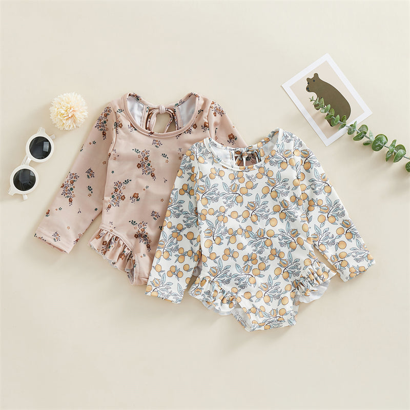 Kids Baby Girl Summer Swimwear Floral Print Backless Ruffles Long Sleeve Bodysuit Bathing Suit Girls Beachwear 0-4 Years