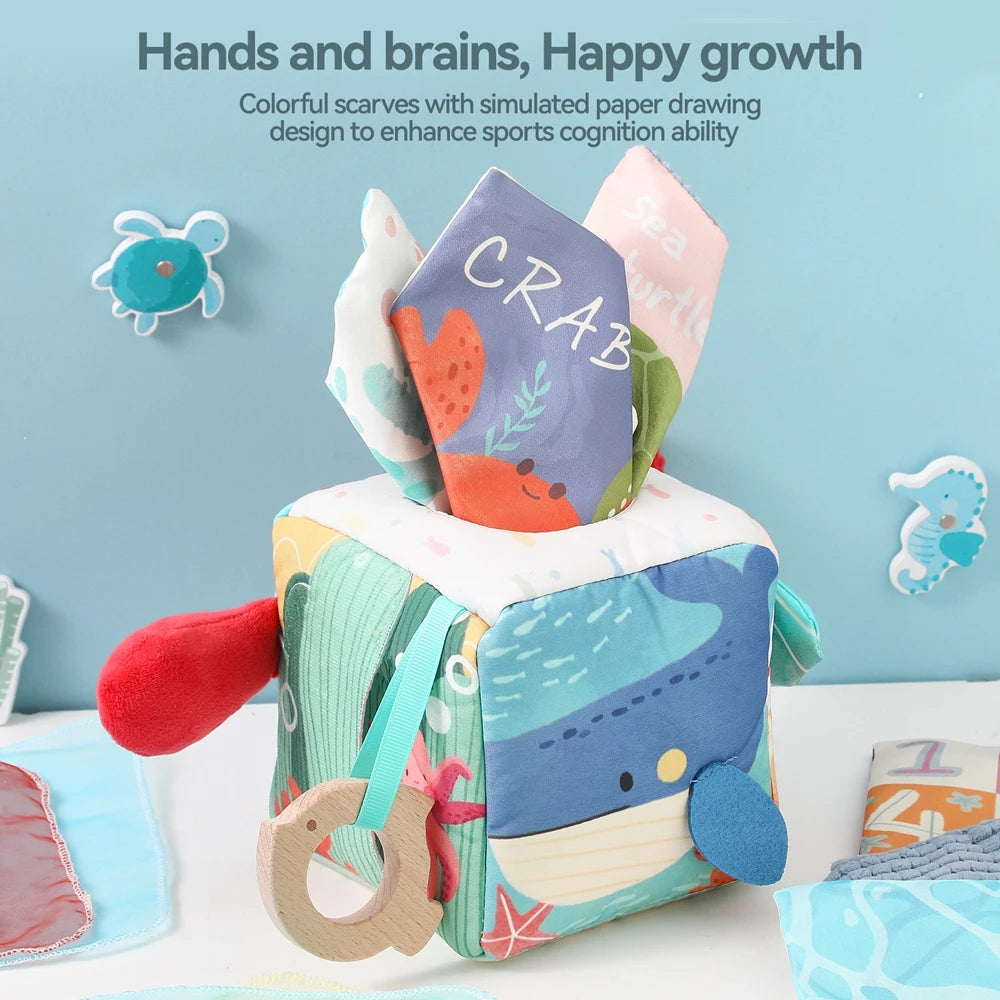 Baby Toys Magic Tissue Box Cotton Finger Exercising Montessori Busy Board Game Educational Toy Soft Rattle Game Ocean Cloth Book