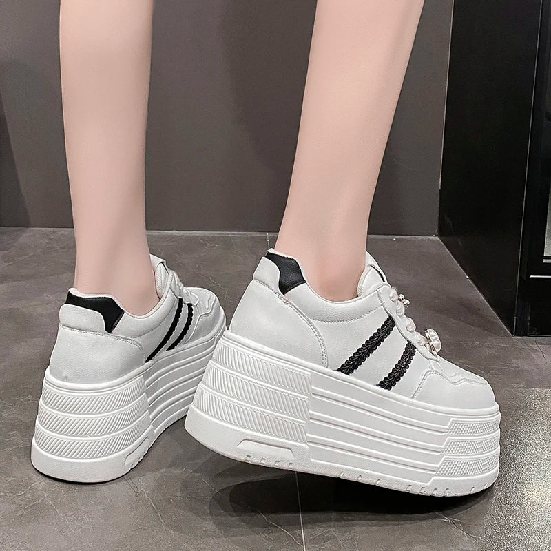 8cm Leather Flats Casual Dad Shoes Chunky Sneakers 2025 Women Platform Sports Shoes Ladies Skateboard Hidden Heels Shoes Tennis
