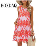Women Beach Vacation Dress Women Summer Casual Tank Sleeveless Flowers Printed Mini Dresses Fashion Loose Plus Size Clothes 9XL