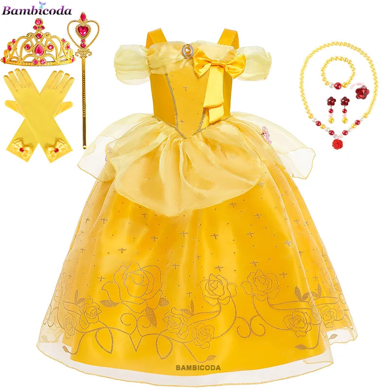 2025 Cosplay Belle Princess Dress Girls Dresses For Beauty and beast Party Clothing Magic stick crown Costume 3-12Y