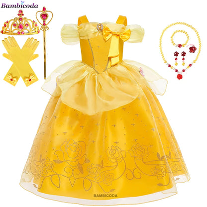 2025 Cosplay Belle Princess Dress Girls Dresses For Beauty and beast Party Clothing Magic stick crown Costume 3-12Y