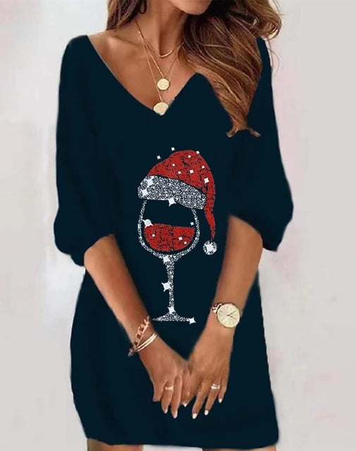 Christmas Wine Glass Print Women Dresses 2023 Spring Fashion Casual V-Neck Half Sleeve Daily Mini Straight Dress Female Clothing 