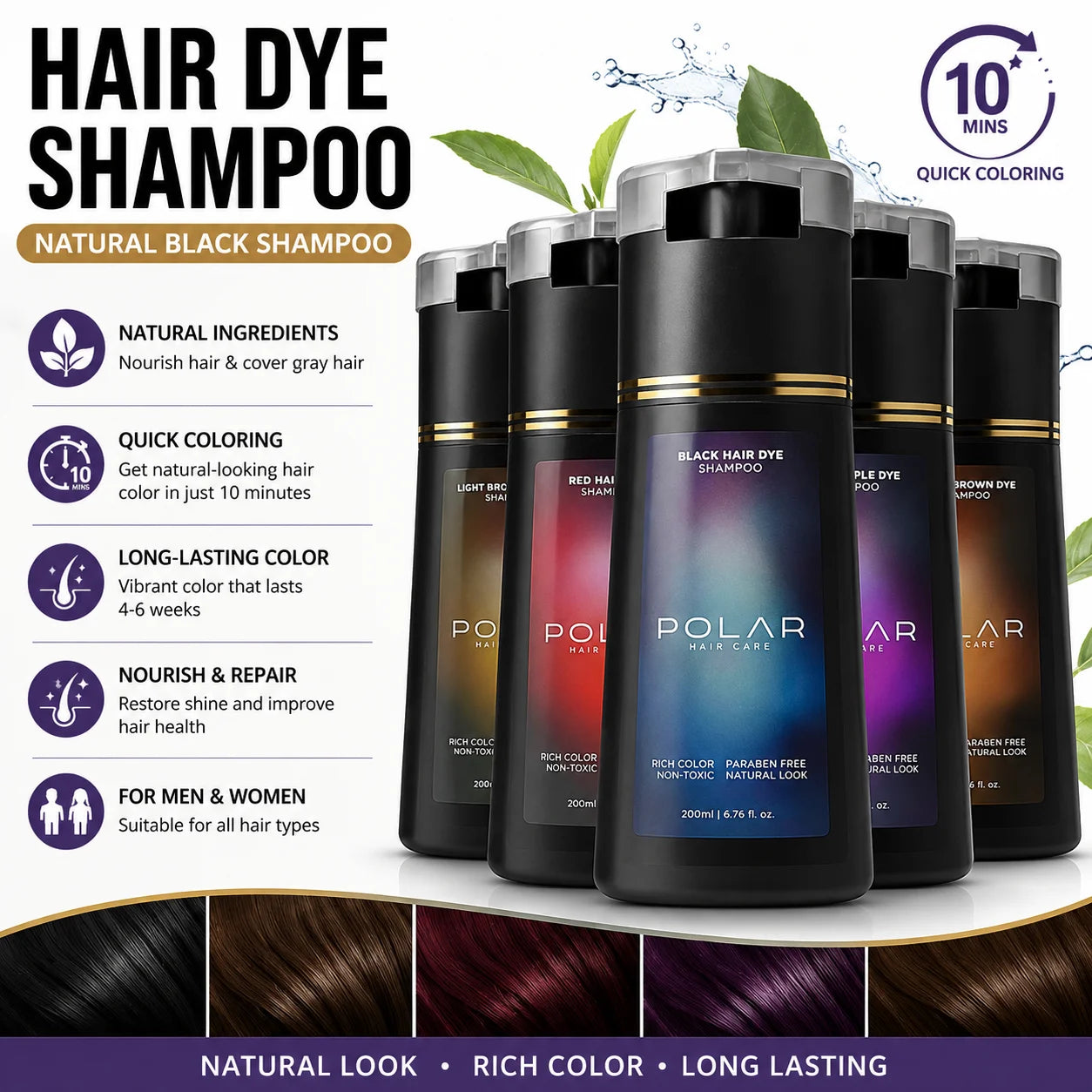 Shampoo de Tintura Capilar de 200ml para Cabelos Grisalhos – Kit de Tintura Natural Semipermanente para Mulheres e Homens (Preto, Castanho, Roxo)