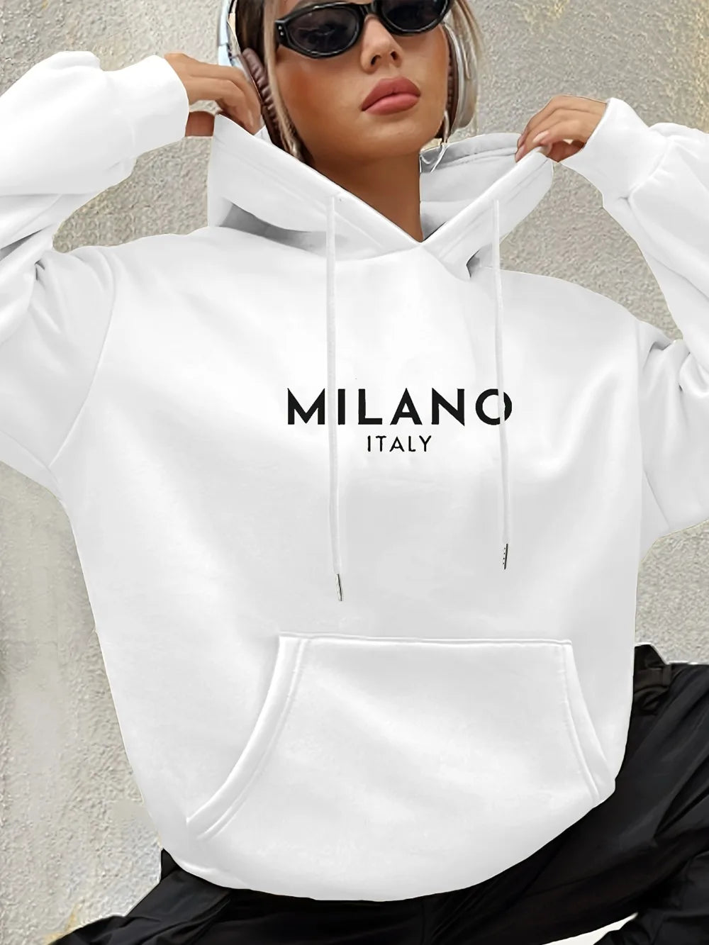 Milano Italy Polyester Hoodie for Women 100% Knit Fabric Alphabet Print Casual Long Sleeve Sweatshirt with Pocket