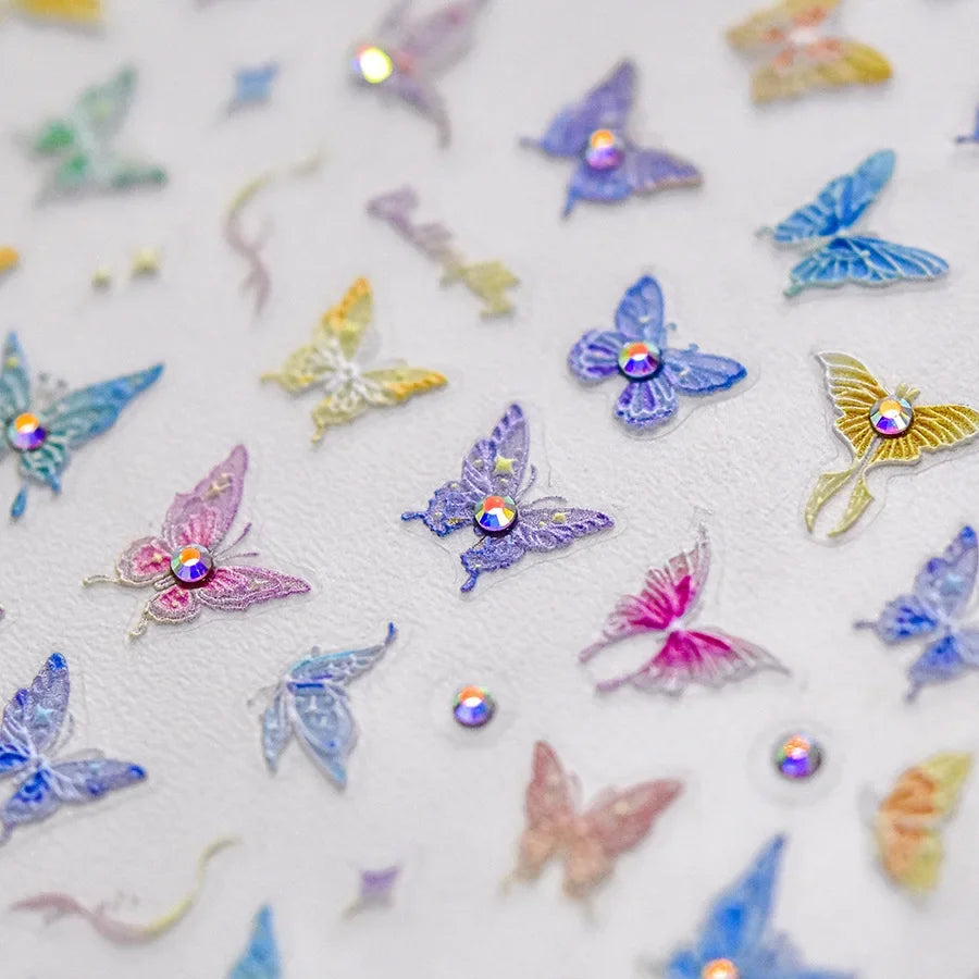 Colorful Pink Gradual Moon Star Cloud Butterfly Rhinestone 5D Soft Embossed Relief Nail Art Sticker 3D Decal Decoration Manicure