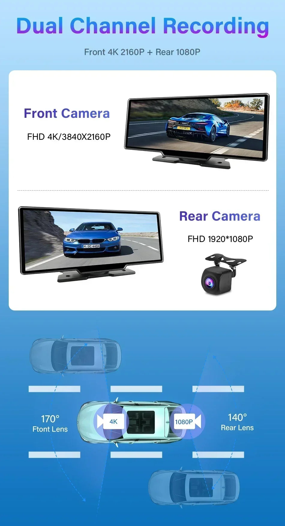 Srnubi 10.26" Dash Cam Rearview Wireless Carplay & Android Auto 4K DVR Navigation Player Dual Lens Recorder Dashboard WIFI 5.0BT